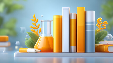 Dynamic back-to-school with flying geometric shapes, books, pencils, and science icons