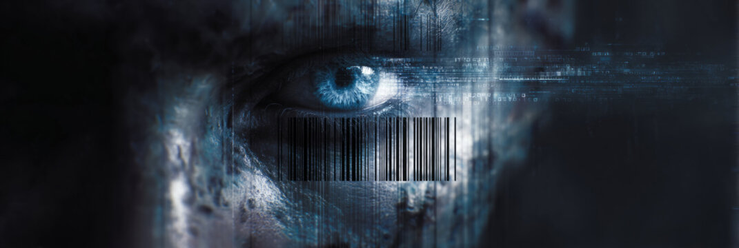 barcode replacing human face with glowing eye staring from digital void, questioning identity in tech era - Powered by Adobe