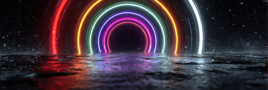 Neon rainbow data tunnel with concentric glowing rings and scrolling code - Powered by Adobe