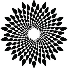 A halftone pattern of droplets arranged in a circle and diminishing toward the center. Fading particles, a black and white mandala. A gradient transition lattice of sunflower seeds.
