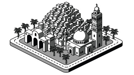 A black and white illustration of a Middle Eastern city with a mosque and buildings