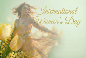 International Women's Day, March 8 greeting card with copy space. Bouquet of yellow tulips and mimosa flowers and blured woman portrait on pale green background.