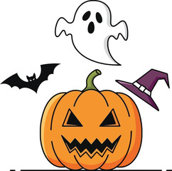 Fototapeta premium Halloween pumpkin with ghost and hat.