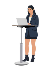 Professional businesswoman using a laptop at a standing desk, representing modern office work and productivity. Flat vector illustration isolated on transparent background