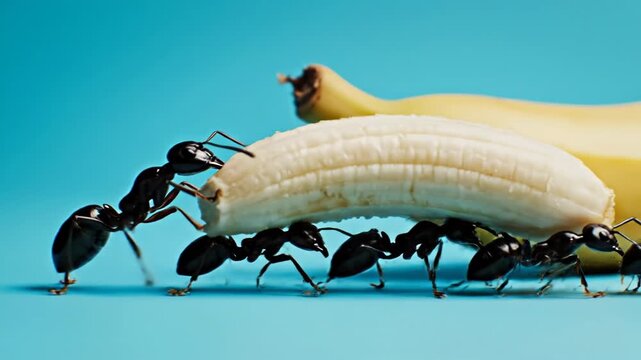 Group of ants working together to carry a banana on blue background 4k video