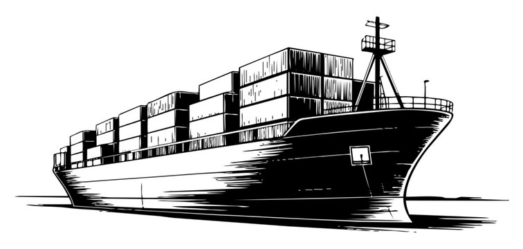 Hand-drawn cargo container ship illustration on white background for logistics