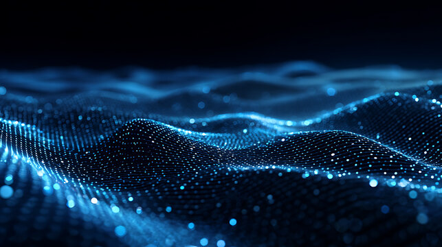 Dynamic blue digital wave pattern with glowing particles