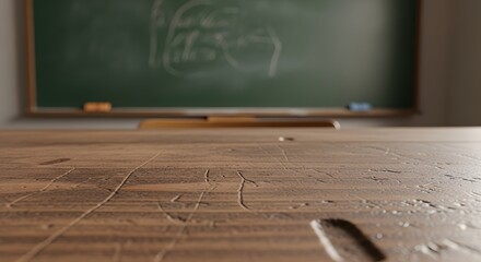 A wooden desk in front of a chalkboard in a classroom setting
