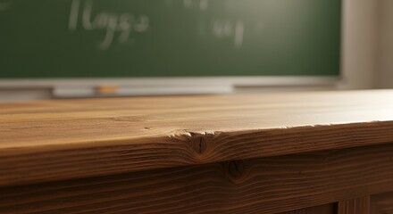 A wooden desk in a classroom with a chalkboard in the background