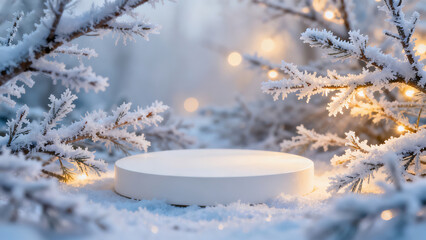 Winter Display: White Snow Display Stand Beside Frosted Branches