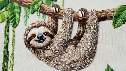 Adorable hand-embroidered sloth happily hanging from a branch with vibrant green jungle leaves