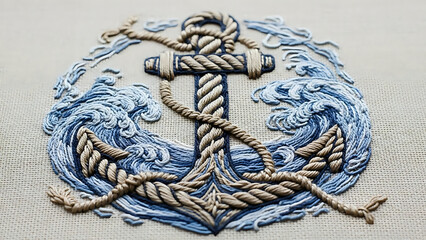 Intricate handmade anchor embroidery with blue waves and rope details on textured fabric for nautical design.