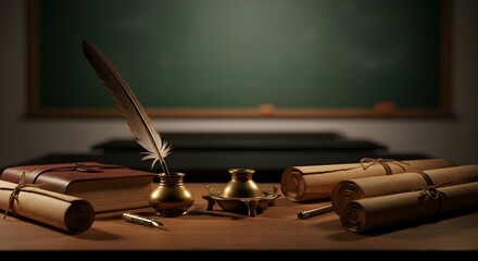 A desk with a quill pen and scrolls in a classroom setting