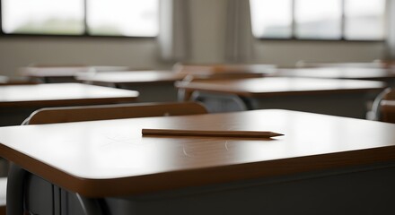 A pencil lies on a wooden desk in an empty classroom with rows of tables and chairs