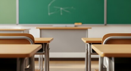 An empty classroom with desks and a green chalkboard in the background