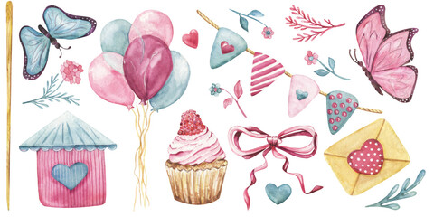 Valentine decorative elements watercolor illustration