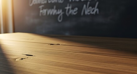 A wooden table in front of a chalkboard with writing on it