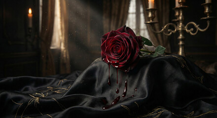 Dark gothic Valentine background with red rose on black silk. Moody vampire romance aesthetic.