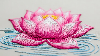 Vibrant pink lotus flower hand embroidery on fabric, featuring delicate stitches and water ripple design