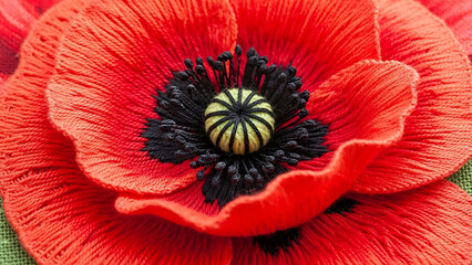 Vibrant red embroidered poppy flower close-up, intricate needlework detail, textile art background