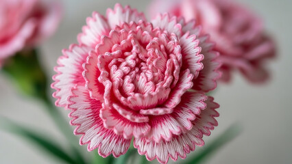 Delicate pink and white embroidered carnation close-up, showcasing intricate textile art and craftwork