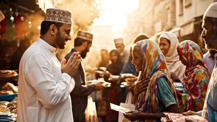 People giving charity outdoors with warm sunlight and diverse crowd