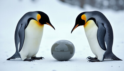 Two emperor penguins looking at a gray egg in snowy environment  