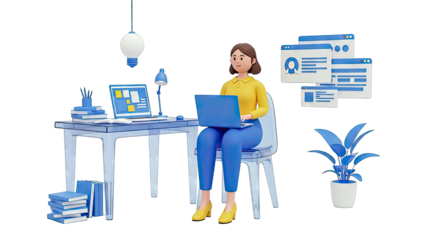 3D Woman Working on Laptop at Desk