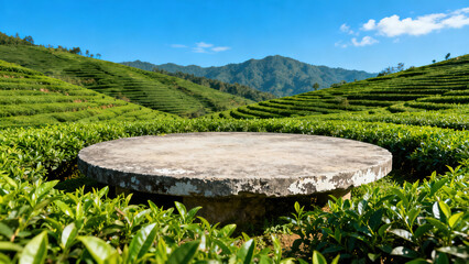 Pastoral Tea Garden: Round Stone Table and Mountain Scenery Between Terraces