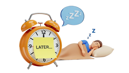 Alarm Clock with 'Later' Note and Sleeping Man