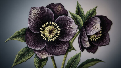 Elegant embroidered Hellebore flowers with deep purple petals and green leaves, intricate detail textile art.