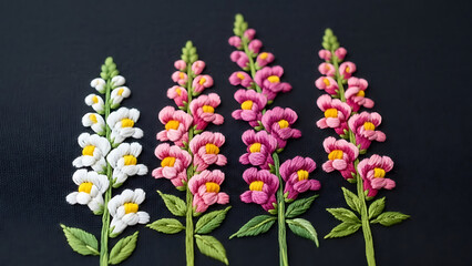 Close-up of elegant hand embroidery featuring delicate white, pink, and purple flowers on dark fabric.
