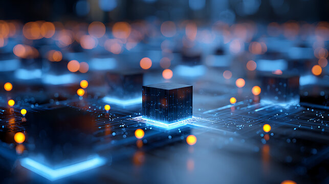 Glowing blue circuit board with futuristic neon lights and microchips - Powered by Adobe