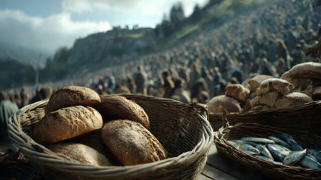 Baskets full of bread and fish present to a large crowd, suitable for religious, food, gatherings, miracles, events, biblical concepts.