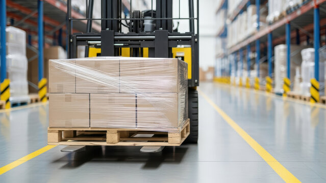 Forklift transporting wrapped pallet with cardboard boxes through modern warehouse aisle with polished concrete floor and tall industrial storage racks in background