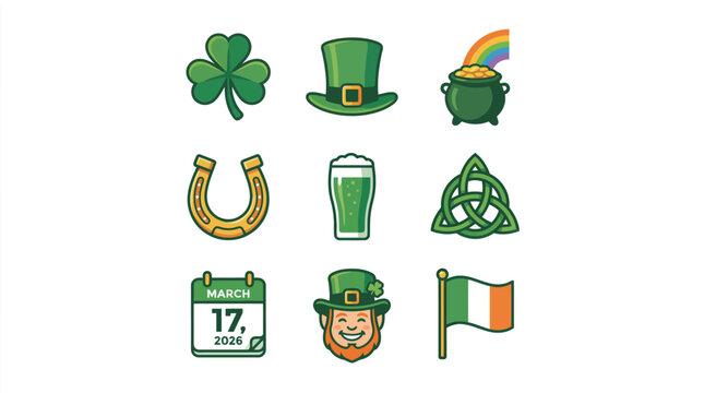St. Patrick's Day themed icons with shamrock, hat, and rainbow  