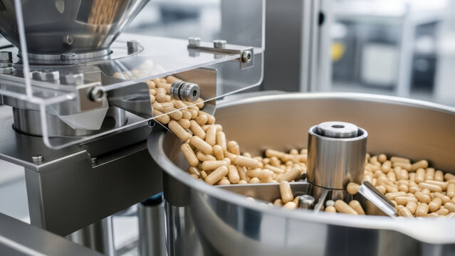 Efficient pharmaceutical capsule filling machine in modern clean production facility with beige supplement pills flowing into stainless steel container during automated manufacturing process