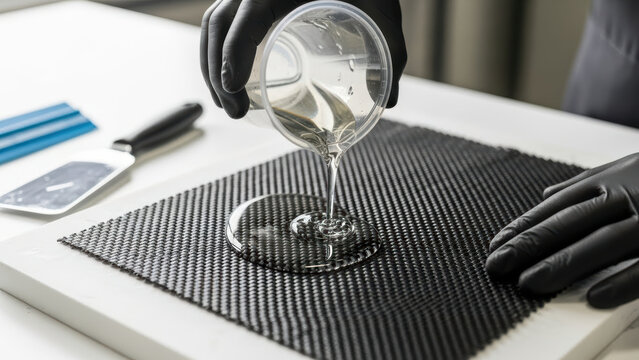 Technician in black gloves pouring clear resin onto carbon fiber fabric sheet for composite material manufacturing in modern workshop