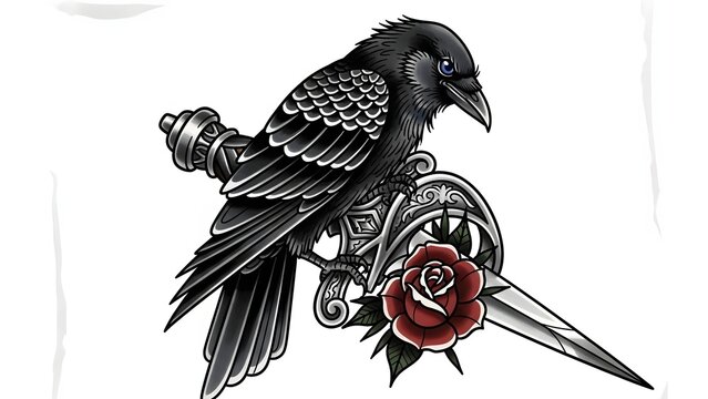 Black raven perched on an ornate dagger with a red rose, detailed illustration.