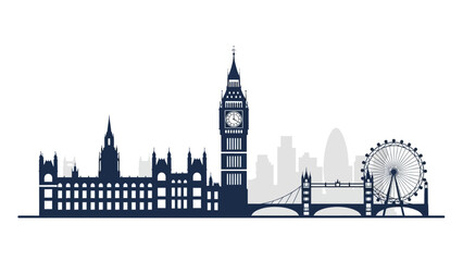 Obraz premium Famous London city skyline vector illustration featuring the Big Ben tower and iconic urban architecture landmarks of England