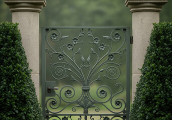 Elegant ornate metal garden gate with floral scrollwork framed by manicured boxwood hedges and stone pillars opening to lush green landscape on a misty morning