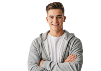 Smiling caucasian teenager in a grey hoodie and white t-shirt, arms crossed confidently, high-key studio portrait against a transparent background with copy space. Concept of happy adolescence