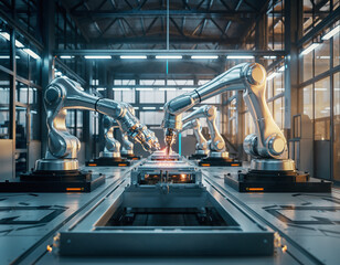 A modern illustrated robotic factory featuring advanced robotic arms working on an automated assembly line.