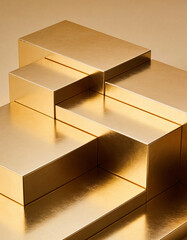 Abstract Product Stage Made of Layered Golden Slabs with Warm Soft Light, Premium Advertising Look for Luxury Branding, High-End Product Mockups, Minimalist Display, and Elegant Visual Presentation