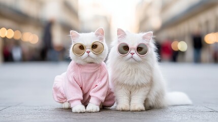Cute cats in stylish glasses urban setting photography playful atmosphere close-up feline fashion trends