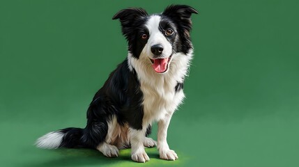 A friendly Border Collie dog with its tongue out, posing cheerfully against a verdant background