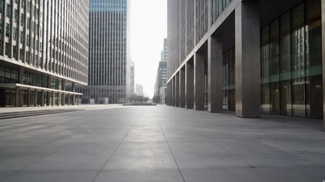 A captivating low-angle tracking shot glides smoothly through a vast, modern urban plaza, flanked by imposing contemporary skyscrapers on both sides. The scene prominently showcases architectural gran