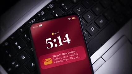 Weekly Newsletter email notification in red appearing on the smartphone screen 4k footage