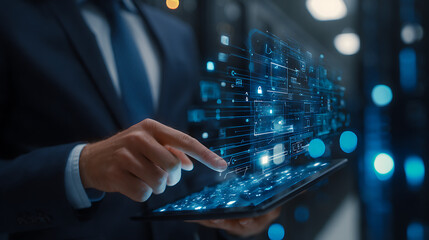 Businessman interacting with futuristic digital interface on tablet