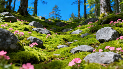Mountain Forest Secret: Natural Landscape of Mossy Stones and Pink Wildflowers